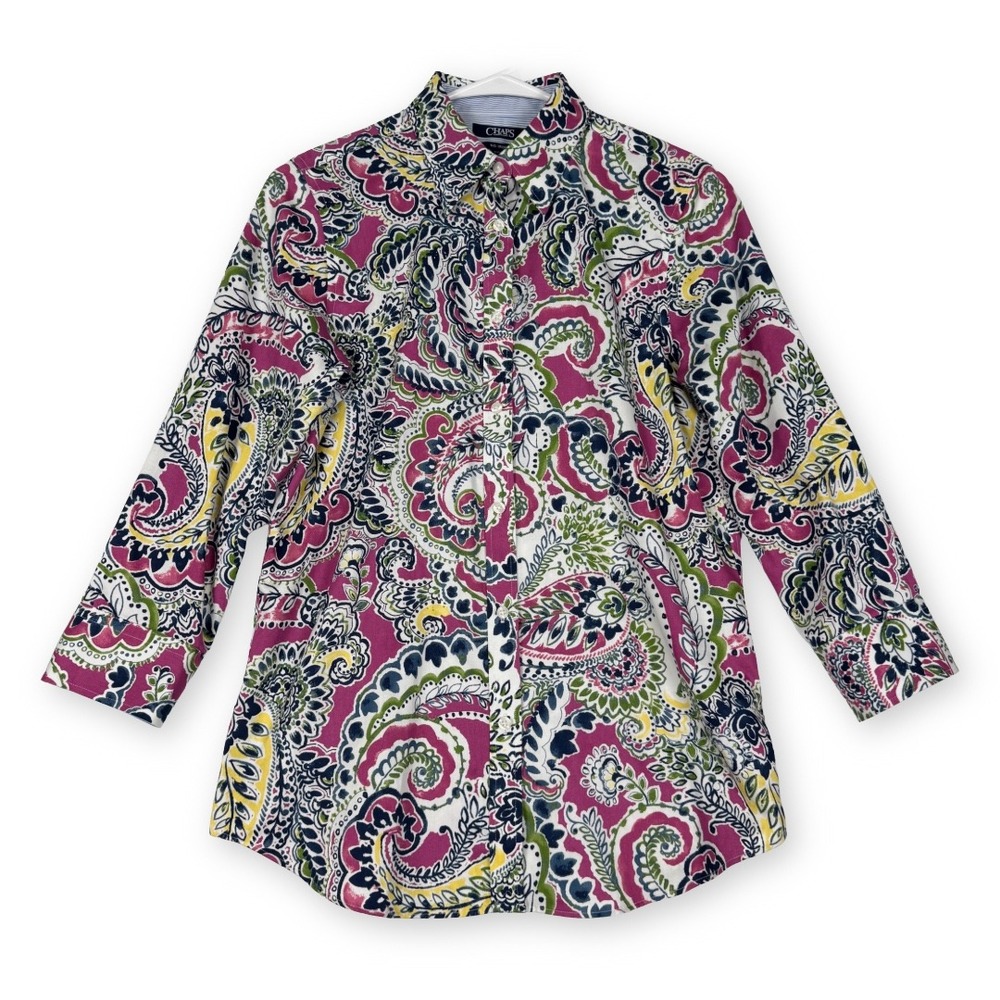Chaps Womens Pink Paisley No Iron Cotton Button Down Shirt 3/4 Sleeve Size S